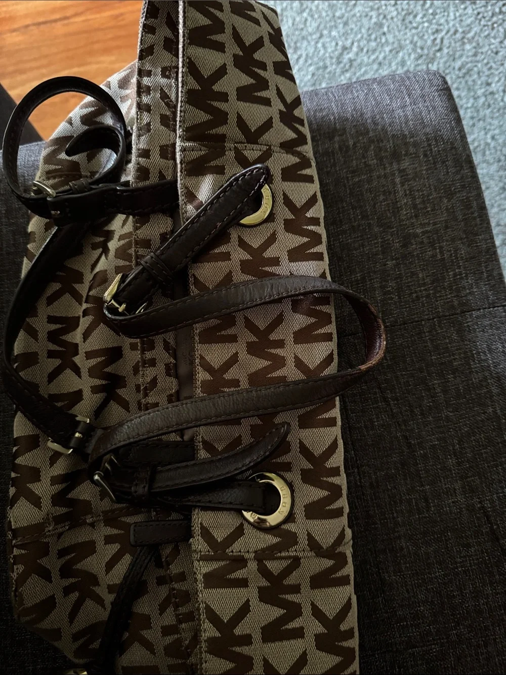 Michael Kors Brown/Beige MK Monogram Tote with Gold Charm